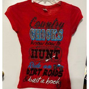Country Girls TShirt Red Sz M Ladies Hunt Fish Dirt Roads Thin